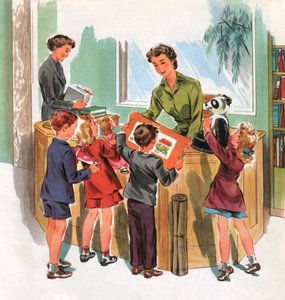 学校図書館の生徒たち、1950年頃（スクリーンプリント） 作： アメリカの学校