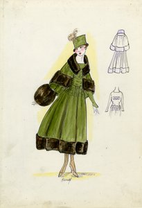 テーラード・スーツ、ドゥーセ、1916年秋（紙に鉛筆と水彩画） 作： American School