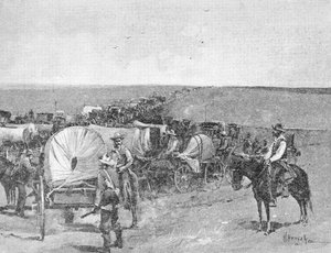 1893年9月16日、アーカンソーシティ近くのインディアンスクールリザーブのサウスラインにあるグレートラッシュの10分前（彫刻）（bw写真） 作： American School