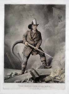 The American Fireman, Facing the Enemy, pub.1858年（手彩色リトグラフ）。 作： American School