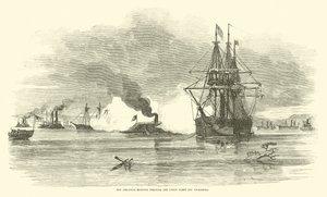 1862年7月、ヴィックスバーグ沖の北軍艦隊を駆け抜けるアーカンソー 作： American School