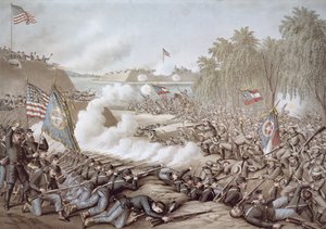 1862年10月3日から4日にかけてのコリントの戦い、南北の旗が描かれている、Kurz & Allisonの作品（カラーリトグラフ）。 作： American School
