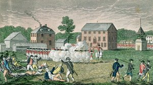 1775年4月19日、レキシントンの戦い、コネチカット州史コレクション、ジョンワーナーバーバー作、A。ドゥーリトル、1832年 作： American School