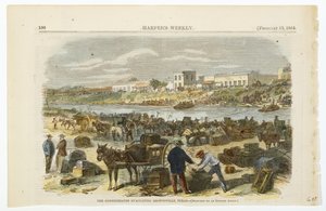 The Confederates Evacuating Brownsville, Texas, c. 1864 (手彩色リトグラフ、ウッドパルプ紙) 作： American School