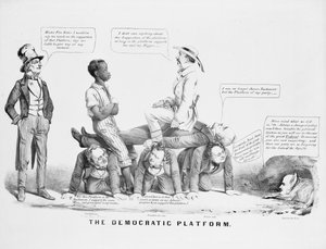 奴隷制に立っている民主党についてコメントする「民主党の綱領」の風刺漫画、1856年頃 作： American School