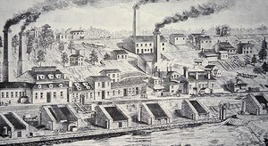 ブランディワイン川沿いにあるデュポン社の火薬工場（線刻画） 作： American School