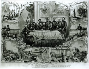 ユリシーズ・S・グラント大統領（1822-85）が署名した憲法修正第15条 1870年3月（リトグラフ）（モノクロ写真 作： American School