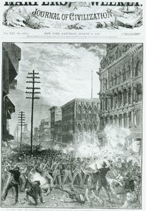 グレートストライク：1877年8月11日の「ハーパーズウィークリー」から、ボルチモアを駆け抜ける第6メリーランド連隊 作： American School