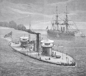 1863年に進水した双砲塔の装甲モニター「ミアントノマ」（リトグラフ 作： American School
