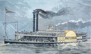1870年頃のミシシッピ社製サイドウィーラー「ナッチェス」（彩色済みエングレービング 作： American School