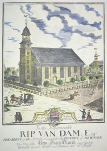 1731年、ニューヨーク市のナッソー通りとリバティ通りの角に建てられた新オランダ改革派教会（カラー図版 作： American School