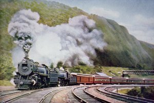 アレガニーの馬蹄形カーブを走るニューヨーク・シカゴ間の特急列車、1930年頃（カラーリトグラフ