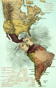 パナマ運河、太平洋と大西洋の接吻（カラーリトグラフ 作： American School