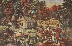 西部フロンティアのパイオニアの家。 1867年、キュリアーとアイブス 作： American School
