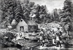 西部開拓時代の開拓者の家、パブ。 Currier und Ives、1867 作： American School