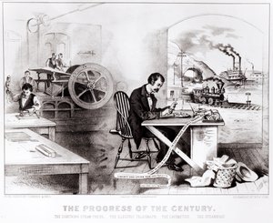 世紀の進歩：ライトニングスチームプレス、電気電信、機関車、蒸気船、パブ。 Currier＆Ives、1876 作： American School