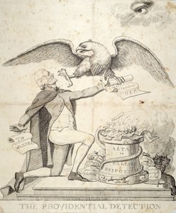 憲法を破壊しようとしているトマスジェファーソン（1743-1826）を描いた漫画、証拠の検出 作： American School