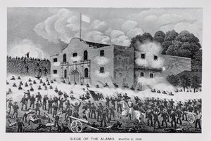 アラモの包囲、1836年3月6日、ウィリアムH.ブルッカー作「テキサスの歴史のエピソード、1897年」より 作： American School