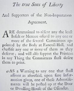 1765年にイギリスの税金に反対して設立された秘密運動「自由の息子たち」（リトグラフ 作： American School