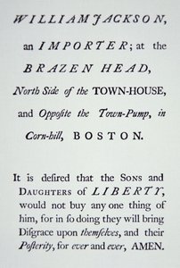 1765年にイギリスの税金に反対して設立された秘密運動「自由の息子たち」（リトグラフ 作： American School