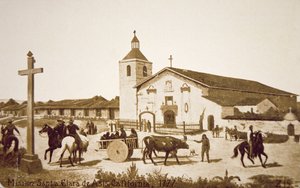 1777年、カリフォルニア州サンタクララデアシスのスペイン人伝道所（リトグラフ）。