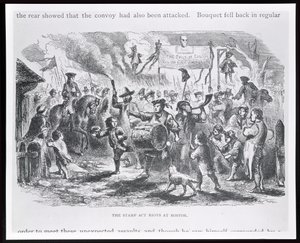 1765年8月25日、ボストンでのスタンプ法暴動、エリスの「アメリカ合衆国の若者の歴史」より 作： American School