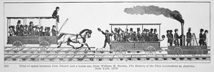トム・サム機関車」が馬車と競争する様子（ウィリアム・H・ブラウン著「The History of the First Locomotives in America」より、1830年（リトグラフ）。 作： American School