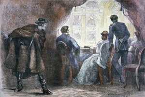 1865年4月14日、フォード劇場のボックスで行われたエイブラハム・リンカーン（1809-65）の暗殺事件（カラーリトグラフ 作： American School