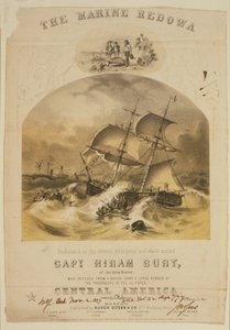 1857年9月、キャロライナ沖でハリケーンに見舞われた蒸気船SSセントラル・アメリカ号から救命ボートで乗客を救出したブリッグ・マリーン号。550人以上が溺れ、30,000ポンド（14,000kg）のカリフォルニア金貨が失われました。 作： American School