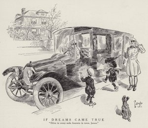 街中のソーダ・ファウンテンに運転手をつけてもらいたいと願う少年の夢（リトグラフ） 作： アメリカの学校