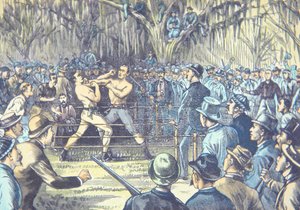 1889年、ミシシッピ州リッチバーグで行われた最後の素手のボクシング選手権試合、ジョン・L・サリバン対ジェイク・キルレイン（カラーリトグラフ）。 作： American School