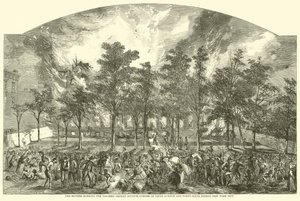 1863年7月、ニューヨーク市のフィフスアベニューとフォーティシックスストリートの角にある色付きの孤児の亡命を燃やす暴徒 作： American School