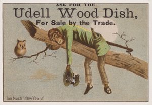 あまりにも多くの新年」、ウデルの木の料理を宣伝するトレードカード 作： American School