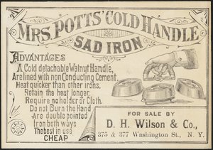 ポッツ夫人のトレードカード」コールドハンドルサッドアイアン、c.1870-1900 作： American School