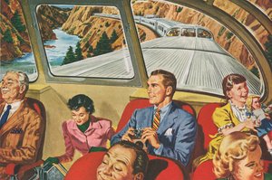 近未来的な鉄道旅行を楽しむ旅人たち 作： American School