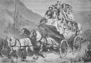 1860年代にコンコード駅馬車でアメリカ西部を旅したときの様子（版画 作： American School