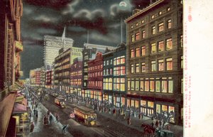 夜のニューヨーク、トゥエンティーサード・ストリート商店街（カラーリトグラフ） 作： アメリカの学校