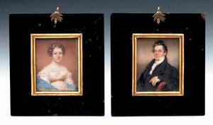 キャプテンアレントシュイラーデペイスターと彼の妻、サラマコーム（象牙の水彩画）の2つのミニチュア