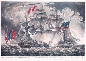 1800年に公開された1799年2月9日のバセテールの戦いで、米国領フリゲート星座が西インド諸島のリンスルヘンテを占領 作： American School