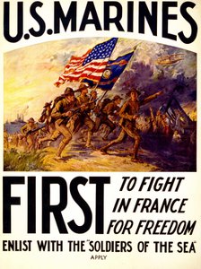アメリカ海兵隊-フランスで自由のために戦う兵士たちのポスター（1914-1918年 作： American School