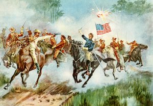 1898年の米米戦争中にキューバでスペインの前哨基地を刻印したアメリカのラフライダー 作： American School