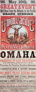 アメリカ初の大陸横断鉄道を宣伝するユニオン・パシフィック鉄道のポスター 作： American School