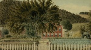 ピケットフェンスのある赤い家の眺め、1854年（紙にガッシュ付きのトイレ） 作： American School