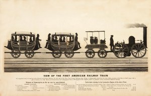 最初のアメリカの鉄道列車、パブの眺め。 1865年 作： American School