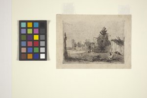 牛と幌馬車のある村の通り（エッチング） 作： American School
