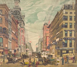 ニューヨーク、ブロードウェイのヴィンテージ・ビュー、1880年頃（クロモリトグラフ） 作： American School