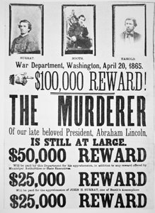 エイブラハム・リンカーン（1809-65）を殺害した犯人を発見した場合、1,000ドルの報奨金を支払うと発表したワシントン陸軍省のポスター 1865年4月20日（リトグラフ