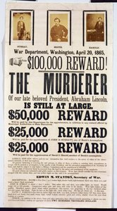 ワシントン戦争局のポスター、1865年4月20日、エイブラハムリンカーンの殺人者を発見したことに対する10万ドルの報酬を発表