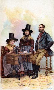 ウェールズ人の家族はシンガーミシンを中心にグループ化しました。1893年頃 作： American School
