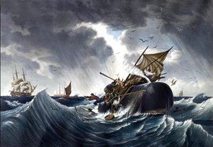 捕鯨船を破壊するクジラ 1875年頃（紙に水彩画 作： American School
